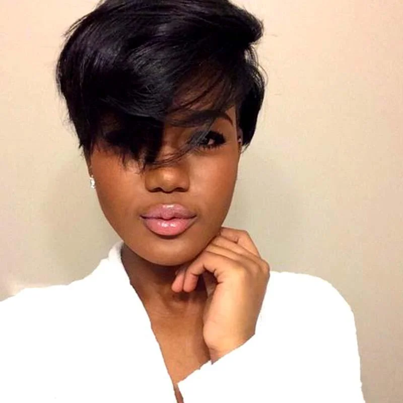 real person hair ring designer-Short Pixie Cut Full Lace Wig Brazilian Human Hair Natural Black