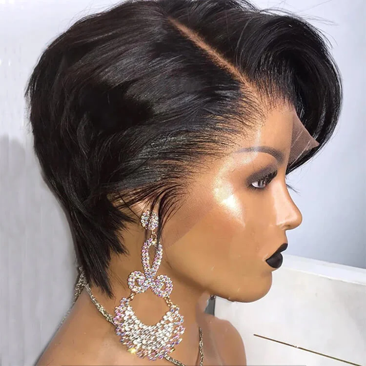 real person hair ring testimonial-Short Pixie Cut Wig Straight Human Hair Wigs T Part Transparent Lace Wig Side Part Wig Preplucked Hairline