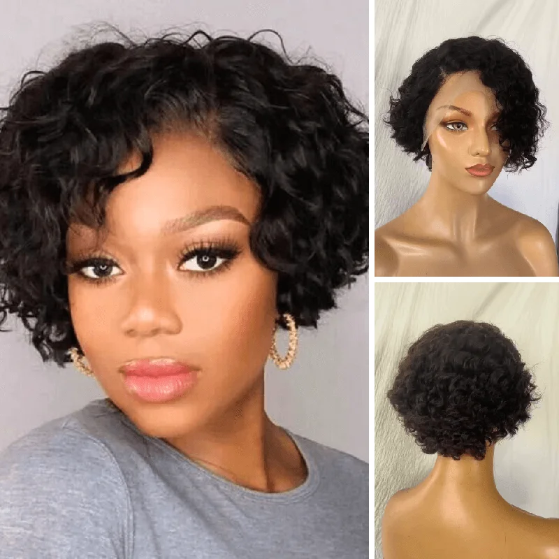 real person hair ring matte-Side Part Curly Pixie Cut Wig Human Hair  Lace Front 13x6 for African American