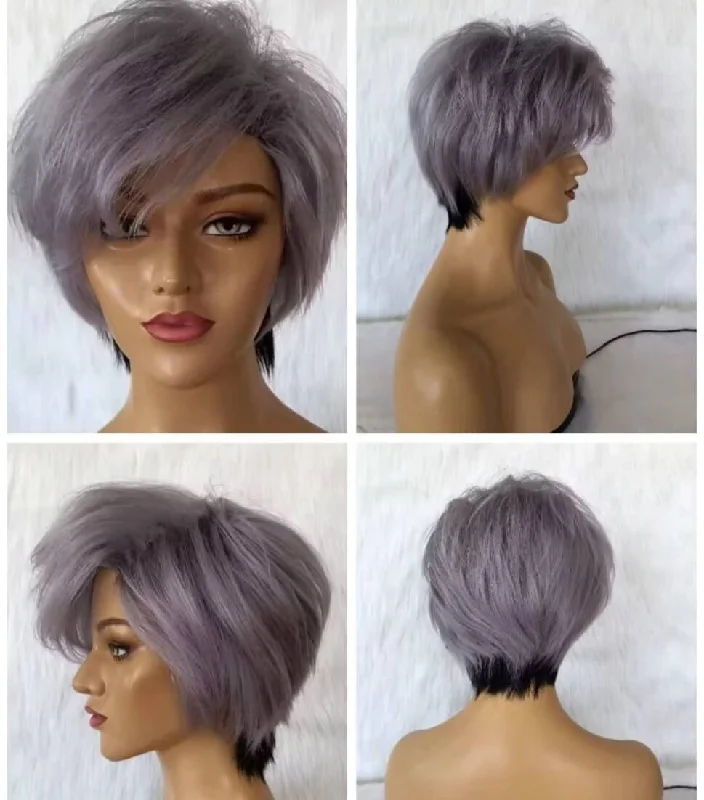 real person hair ring ribbon-Straight Gray Human Hair Pixie Cut Wig Lace Frontal for Black Women