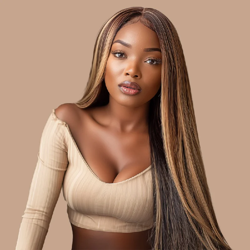 real person hair ring lover-Straight Highlighted Piano Wig Transparent Full Frontal 13*4 100% Human Hair