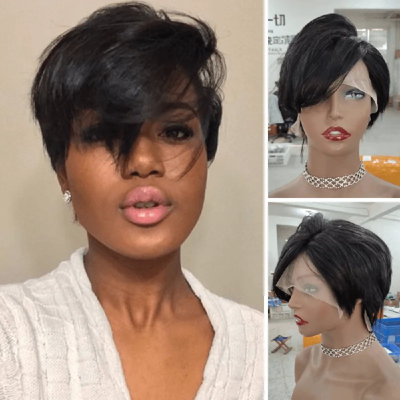 real person hair ring custom name-Straight Pixie Cut Wig with Long Bangs Human Hair Lace Frontal for African American