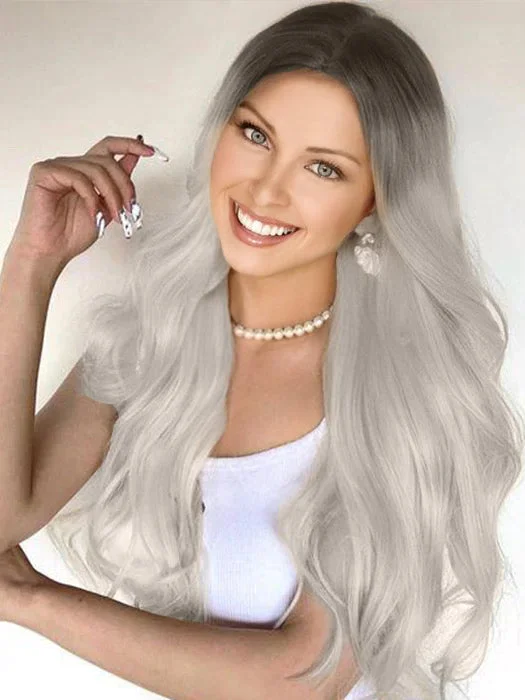 Bob-style synthetic wigs-T Part Long Length Salt And Pepper Gray Wavy Lace Front Synthetic Wigs