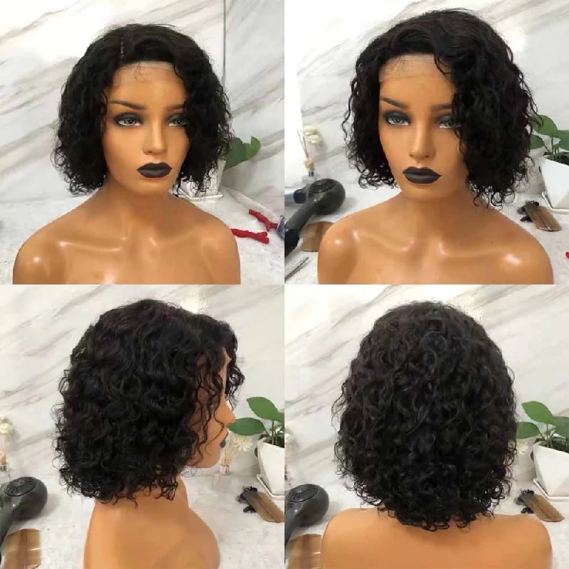 real person hair ring bag-Water Wave Pixie Cut Wig  Human Hair Lace Frontal Wig for African American