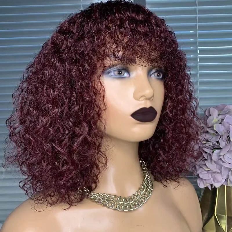 real person hair ring gorgeous-Wine Red Curly Wig With Bangs Human Hair Kinky Curl  For Women