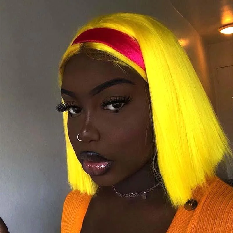 real person hair ring knotted-Yellow Bob Wig Human Hair Lace Wig Middle Part for sale Surprisehair