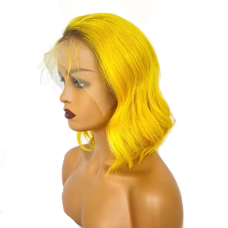 real person hair ring genuine-Yellow Ombre Lace Front Wig Wavy Bob Human Hair for Black Women